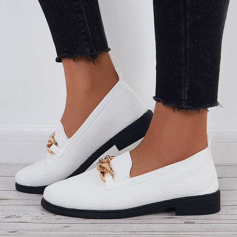 Women Chain Decor Knit Loafers Slip on Block Low Heel Shoes