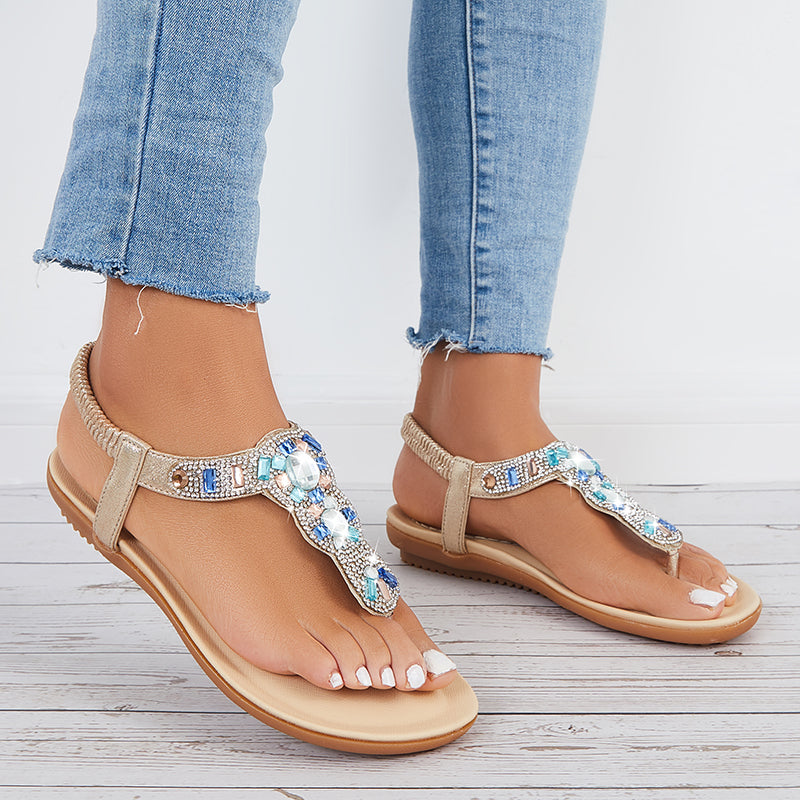 Rhinestone Flat Beach Shoes Boho Beaded Flip Flops Sandals