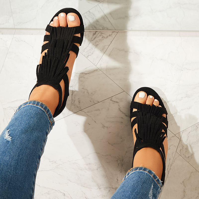 Tassel Chunky Block Heels Open Toe Ankle Strap Dress Sandals