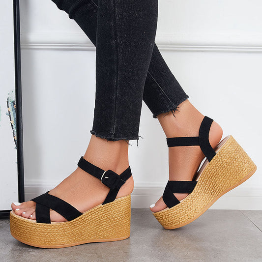 Criss Cross Platform Wedge Heel Sandals Open Toe Ankle Strap Shoes