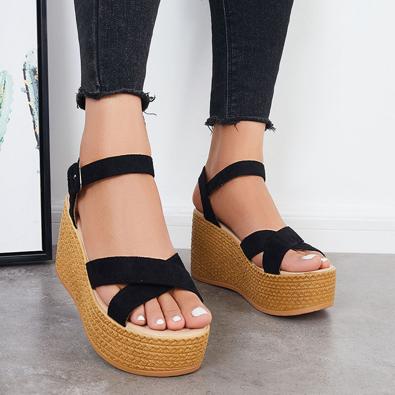 Criss Cross Platform Wedge Heel Sandals Open Toe Ankle Strap Shoes