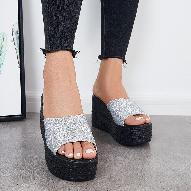 Glitter Platform Wedge Slides Slip on Open Toe Backless Shiny Sandals