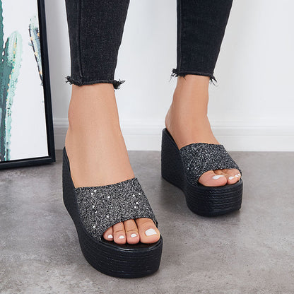 Glitter Platform Wedge Slides Slip on Open Toe Backless Shiny Sandals