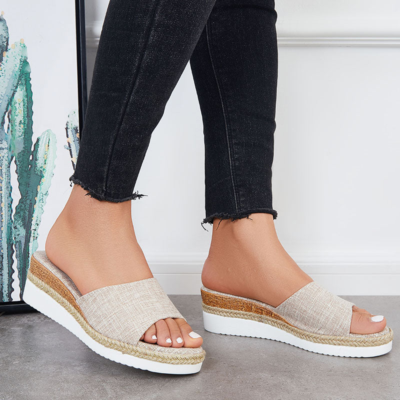 Open Toe Platform Espadrille Sandals Slip on Cork Wedges Slides