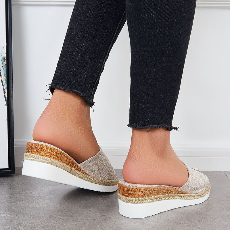 Open Toe Platform Espadrille Sandals Slip on Cork Wedges Slides