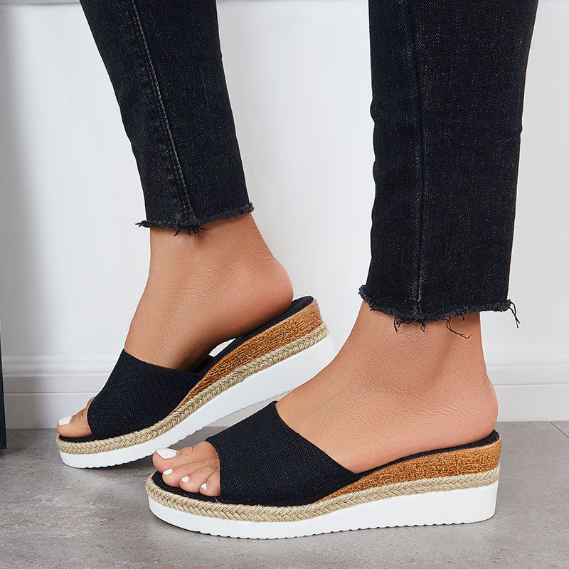 Open Toe Platform Espadrille Sandals Slip on Cork Wedges Slides